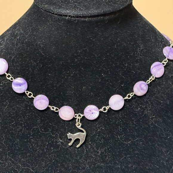 Purple Mother of Pearl Beaded Short Necklace + Cute Slim Cat Pendant - Picture 3 of 13
